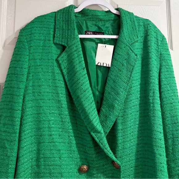 Zara Textured Double Breasted Blazer Tweed Longline Fall Boho Green Sz Large NWT - Picture 5 of 11